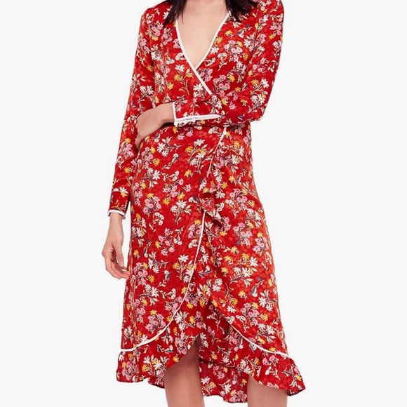 Free People covent garden floral wrap Vibrant Orange Floral Midi Dress - Picture 2 of 11